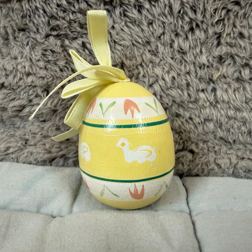 Vintage 80s Hand Decorated Wooden Easter Egg Ornament Yellow